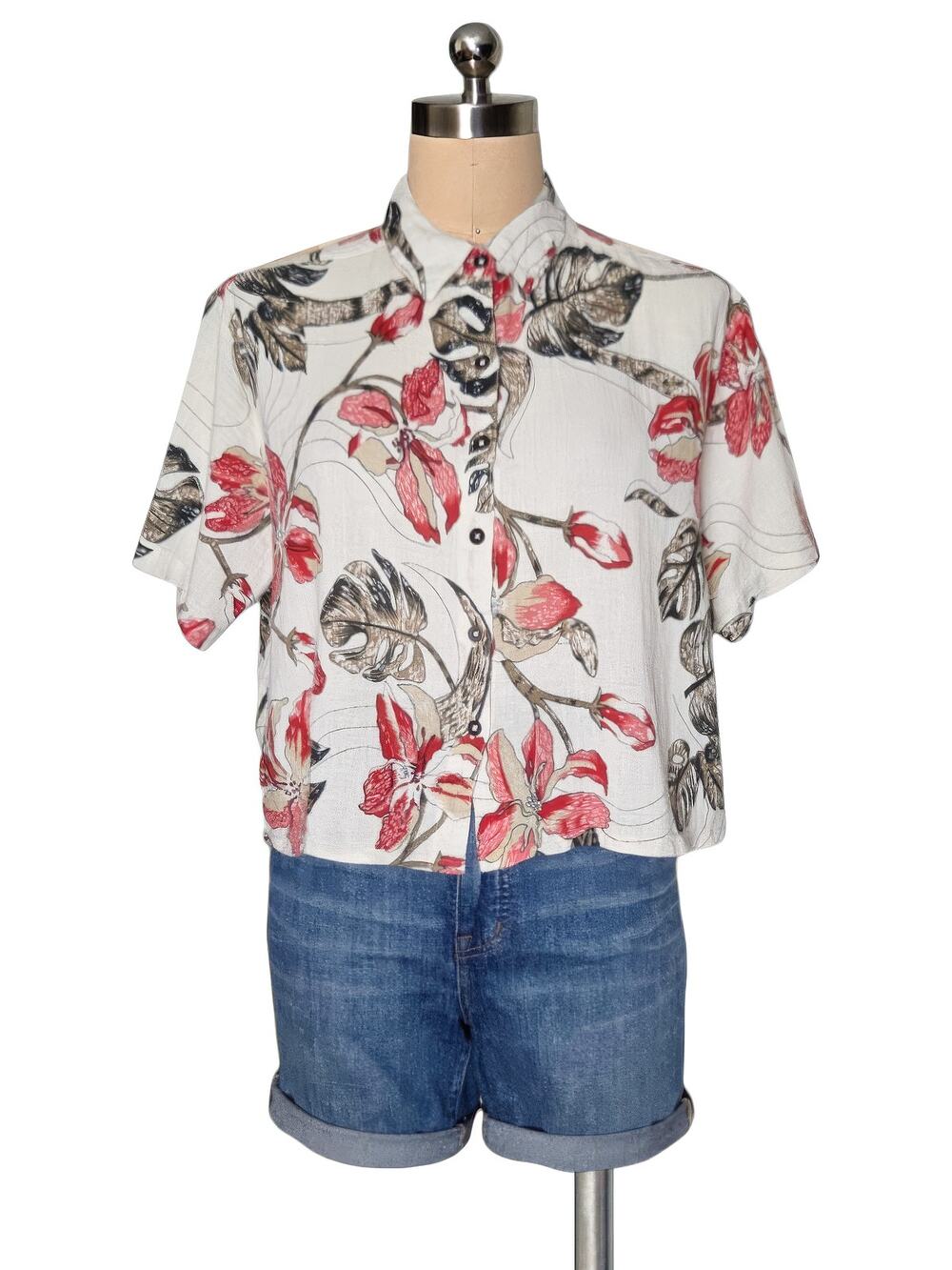 GILDED INTENT Tropical Floral 100% Cotton Button Front Top Shirt M